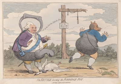 The Kettle Hooting the Porridge-Pot, pub. 1782 (håndfarget gravering) av James Gillray