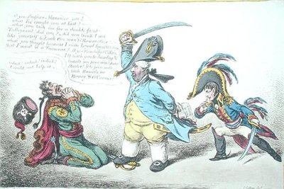 The Magnanimous Minister Chastising Prussian Perfidy, utgitt av Hannah Humphrey i 1806 (håndfarget etsning) av James Gillray
