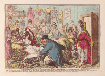Følelsens mann på jakt etter uunnværlige ting; en scene på den lille franske Milliners, pub. 1800 (håndfarget gravering) av James Gillray