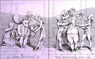 The Minister In - The Minister Out, utgitt av William Humphrey i 1782 (radering) av James Gillray