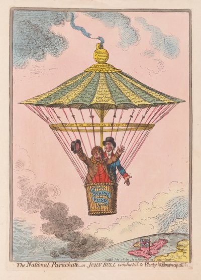 The National Parachute eller John Bull dirigert til Plenty and Emancipation, pub. 1802 (håndfarget gravering) av James Gillray