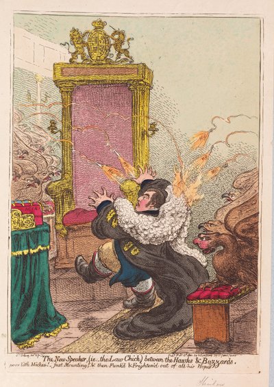The New Speaker, (dvs. Law-Chick) mellom Hawks og Buzzards, pub. 1800 (håndfarget gravering) av James Gillray