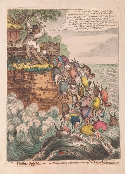 The Pigs Possessed: or the Broad bottomd Litter running headlong into the Sea of Perdition, pub. 1807 (håndfarget gravering) av James Gillray