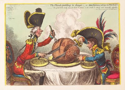 Plum Pudding i fare eller statsepikere som tar un Petit Souper, pub. 1805 (håndfarget gravering) av James Gillray