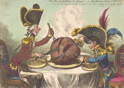 The Plumb-Pudding in Danger,-or-State Epicures Take un Petit Souper, februar..., 26. februar 1805. av James Gillray