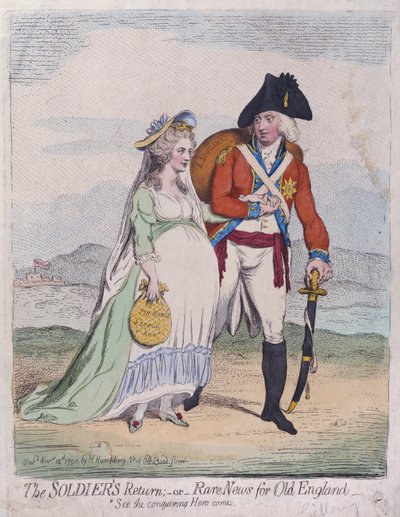 The Soldiers Return, eller Rare News for Old England, utgitt av Hannah Humphrey i 1791 (håndfarget etsning) av James Gillray
