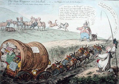 The State Wagoner og John Bull, eller The Waggon for mye for eselene! utgitt av Hannah Humphrey i 1804 (håndfarget etsning) av James Gillray