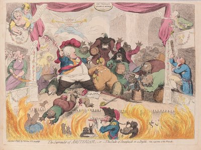 The Surrender of Amsterdam eller The Duke of Brunswick in a Bustle, pub. 1787 (håndfarget gravering) av James Gillray