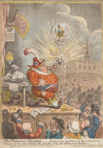 Theatrical Bubble: Being a New Eximen of the Astonishing Powers of the Great Politico-Punchinello, i kunsten Dramatic Puffing av James Gillray