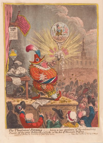 Theatrical Bubble: å være et nytt eksemplar av de forbløffende kreftene til den store Politico-Punchinello i Art of Dramatic Puffing, pub. 1805 (håndfarget gravering) av James Gillray