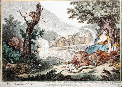 The Wounded Lion, utgitt av Hannah Humphrey i 1805 (håndfarget etsning) av James Gillray