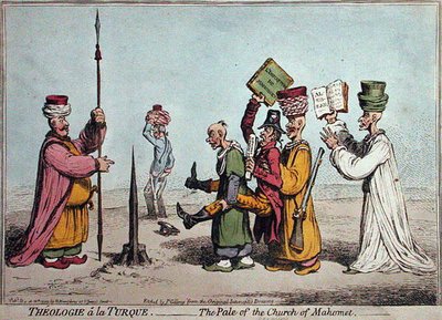 Theologie a la Turque, The Pale of the Church Mahomet, utgitt av Hannah Humphrey i 1799 (håndfarget etsning) av James Gillray