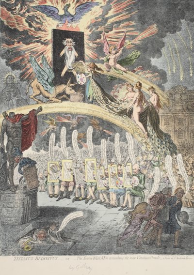 Titianus Redivivus eller de syv vise menn konsulterer det nye venetianske oraklet, en scene i 'Academic Grove No.1', pub av H. Humphrey november 1797 (håndfarget gravering) av James Gillray