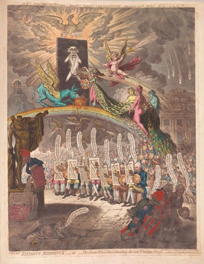 Titianus Redivivus eller de syv vise menn konsulterer det nye venetianske oraklet, en scene i Academic Grove No.1, pub. 1797 (håndfarget gravering) av James Gillray