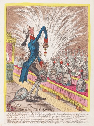 Uncorking Old Sherry, pub. 1805 (håndfarget gravering) av James Gillray