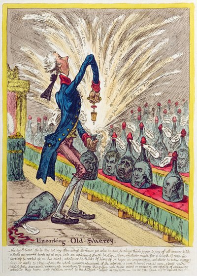 Uncorking Old Sherry, utgitt av Hannah Humphrey i 1805 (håndfarget etsning) av James Gillray