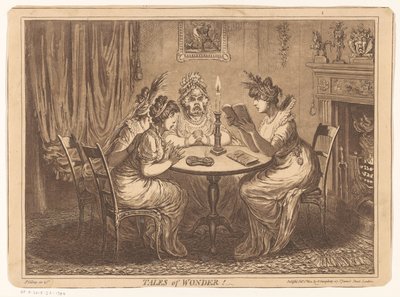 Kvinne leser en skrekkroman Fortellinger om vidunder! (tittel på objekt) av James Gillray