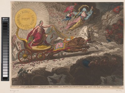 William Pitt verdrijft de duistere krachten, 1795 Lys som fordriver mørke, - fordampning av Stygian-ekspirasjoner,-eller- Konstitusjonens sol, som stiger over opposisjonens skyer (tittel på objekt) av James Gillray