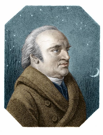 Portrett av William Herschel (1738 - 1822) på en stjernehimmel bakgrunn - fra en kobbergravering av James Godby av James Godby