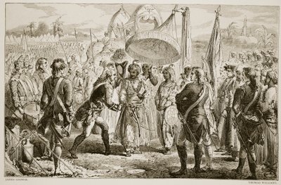 Møtet til Lord Clive med Meer Jaffier, etter slaget ved Plassey, gravert av Thomas Williams av James Godwin