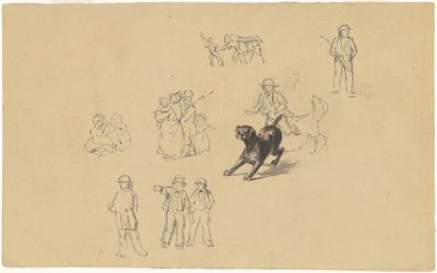 Bjeffende hund og studier for "Militia Training" av James Goodwyn Clonney