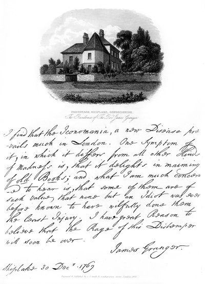 Et brev fra pastor James Granger, og utsikt over hans bolig i Shiplake, 1769, 1840 av James Granger