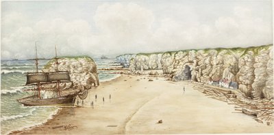 Brig på grunn ved Marsden Rock (akvarell, kroppsfarge og blyant på papir på kort)) av James Henry Cleet