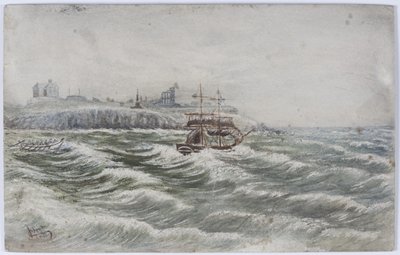 Stranding of the Belly of Littlehampton og Loss of the Life Boat Crew of the Tyne (akvarell, kroppsfarge og skraping ut på papir) av James Henry Cleet