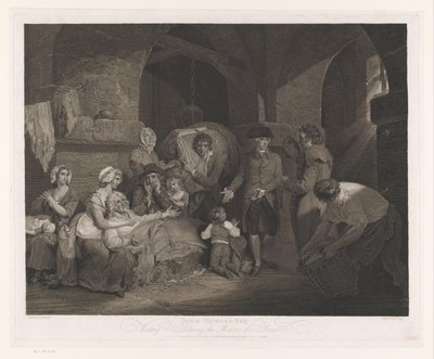 John Howard besøker en familie i fengsel John Howard Esq besøker og lindrer elendigheten i et fengsel (tittel på objekt) av James Hogg