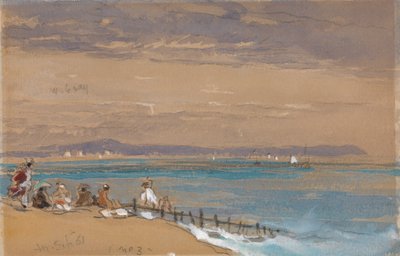 Strandscene med figurer ved en molo av James Holland