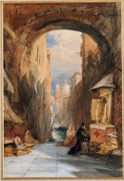 Venezia: en Edicola under en buegang, med Santa Maria della Salute i det fjerne, 1853 av James Holland