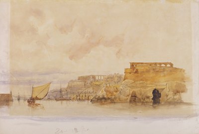 Utsikt over Valletta, Malta (akvarell med kroppsfarge over grafitt på papir) av James Holland