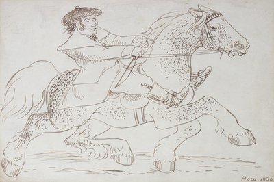 En hestehandler setter en ung Clydesdale gjennom sine skritt, 1830 (sepia blekk på papir) av James Howe