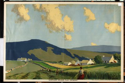 Nord-Irland - Flax Growing, fra serien "The Home Countries First" (farge litho) av James Humbert Craig