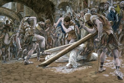 Kristus faller under korset, illustrasjon for The Life of Christ, ca. 1884-96 (wc og gouache på papp) av James Jacques Joseph Tissot
