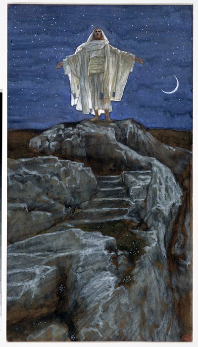 Kristus går alene ut i et fjell for å be, illustrasjon for The Life of Christ, ca. 1886-94 (wc og gouache på papp) av James Jacques Joseph Tissot