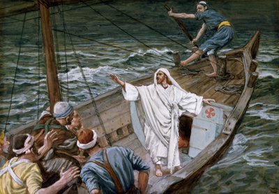 Christ Stilling the Tempest, illustrasjon for The Life of Christ, ca. 1886-94 (wc og gouache på papp) av James Jacques Joseph Tissot