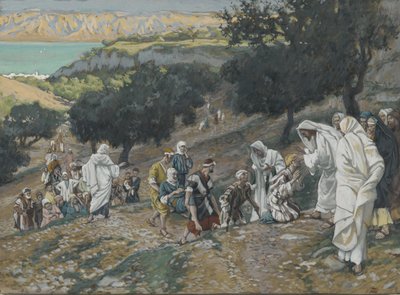 Jesus helbreder blinde og lamme på fjellet, illustrasjon fra Vår Herre Jesu Kristi liv (wc over grafitt på papir) av James Jacques Joseph Tissot