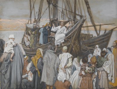 Jesus Preaches in a Ship, illustrasjon fra The Life of Our Lord Jesus Christ (wc over grafitt på papir) av James Jacques Joseph Tissot
