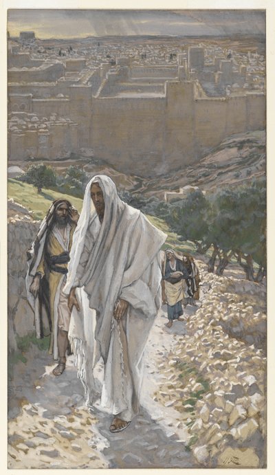Jesus går om kvelden til Betania, illustrasjon fra The Life of Our Lord Jesus Christ, 1886-94 (wc over grafitt på papir) av James Jacques Joseph Tissot