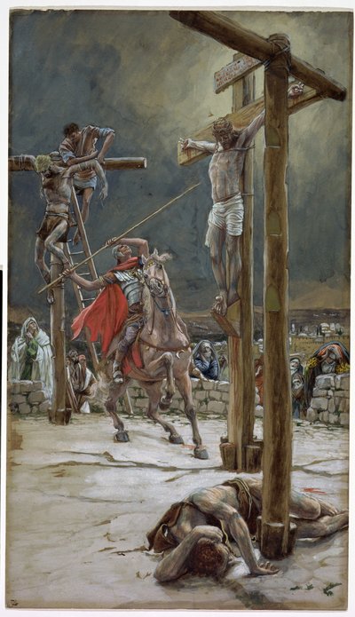 En av soldatene med et spyd stakk gjennom siden hans, illustrasjon for The Life of Christ, ca. 1886-94 (wc og gouache på papp) av James Jacques Joseph Tissot