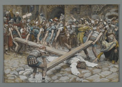 Simon den kyreneske tvunget til å bære korset med Jesus, illustrasjon fra Vår Herre Jesu Kristi liv, 1886-94 (wc over grafitt på papir) av James Jacques Joseph Tissot