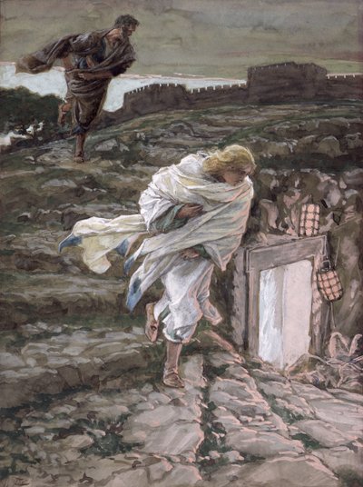 St. Peter og St. John løper til graven, illustrasjon for The Life of Christ, ca. 1886-94 (wc & gouache på papp) av James Jacques Joseph Tissot