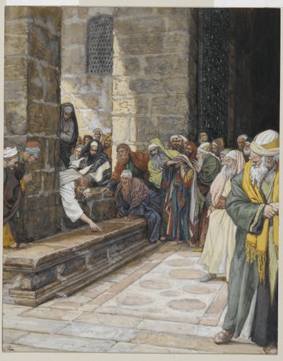 The Adulterous Woman - Christ Writing on the Ground, illustrasjon fra The Life of Our Lord Jesus Christ, 1886-94 (wc over grafitt på papir) av James Jacques Joseph Tissot