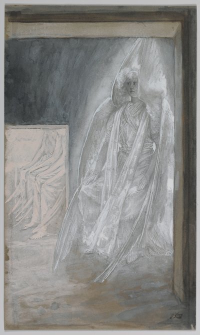 Engelen sitter på gravsteinen, illustrasjon fra Vår Herre Jesu Kristi liv, 1886-94 (wc over grafitt på papir) av James Jacques Joseph Tissot