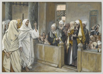 Yppersteprestene spør Jesus med hvilken rett han handler på denne måten, illustrasjon fra Vår Herre Jesu Kristi liv, 1886-94 (wc over grafitt på papir) av James Jacques Joseph Tissot