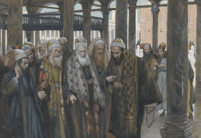 Yppersteprestene tar råd sammen, illustrasjon fra Vår Herre Jesu Kristi liv, 1886-94 (wc over grafitt på papir) av James Jacques Joseph Tissot