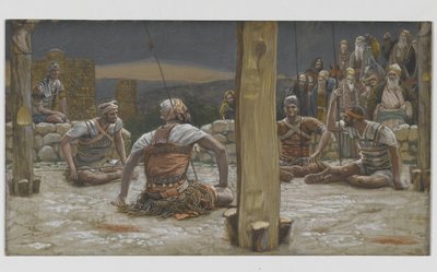 De fire vaktene satte seg ned og så på ham, illustrasjon fra The Life of Our Lord Jesus Christ, 1886-94 (wc over grafitt på papir) av James Jacques Joseph Tissot