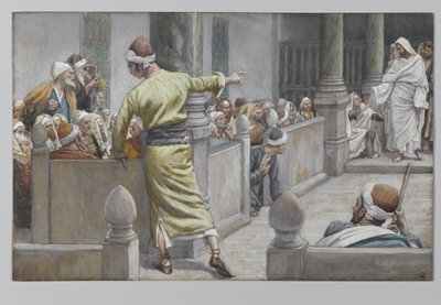 Den helbredede blinde mannen forteller sin historie til jødene, illustrasjon fra Vår Herre Jesu Kristi liv, 1886-96 (wc over grafitt på papir) av James Jacques Joseph Tissot