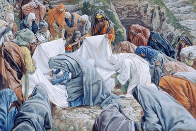 Den hellige jomfru kysser Kristi ansikt før det pakkes inn i det viklede arket, illustrasjon for The Life of Christ, ca. 1886-94 (wc & gouache på papp) av James Jacques Joseph Tissot